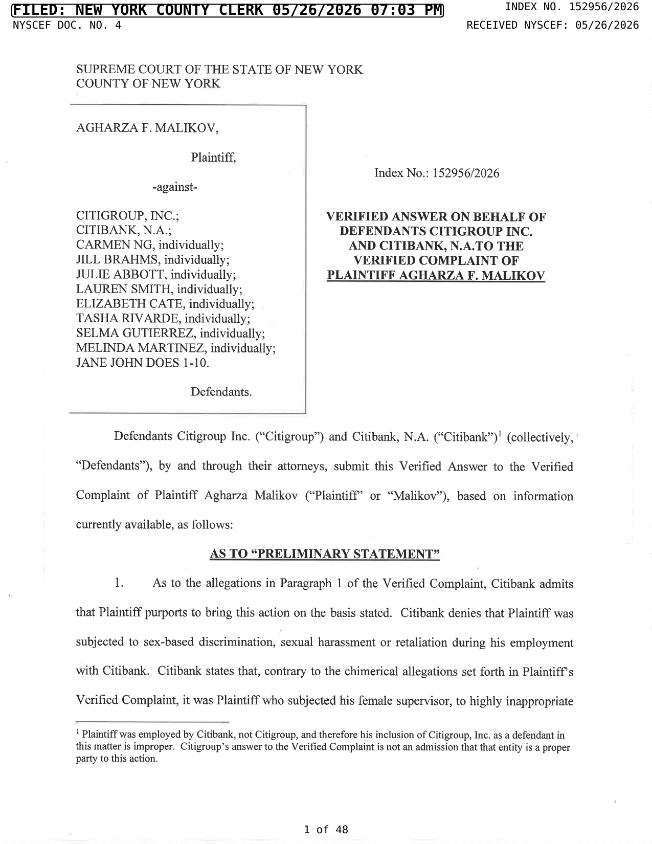 Defendants' Answer, page 1