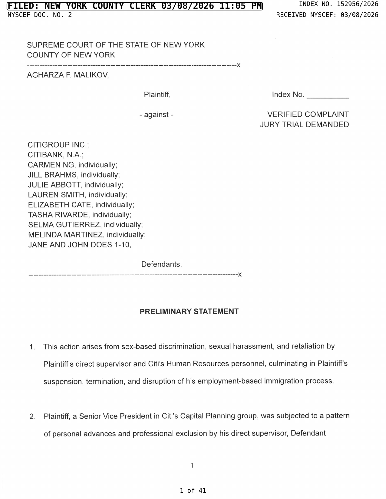 Pro Se Plaintiff's Verified Complaint, page 1