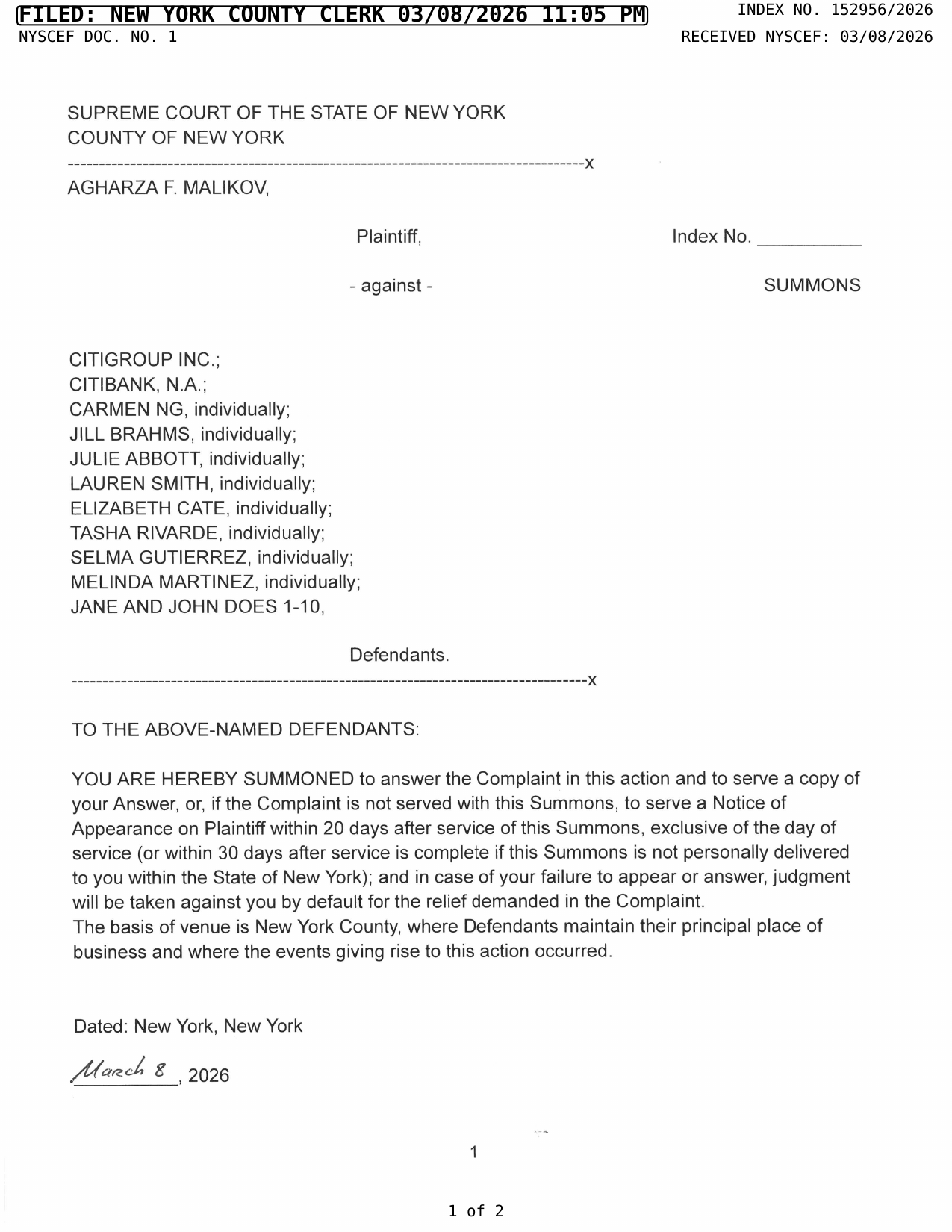 Pro Se Plaintiff's Summons, page 1